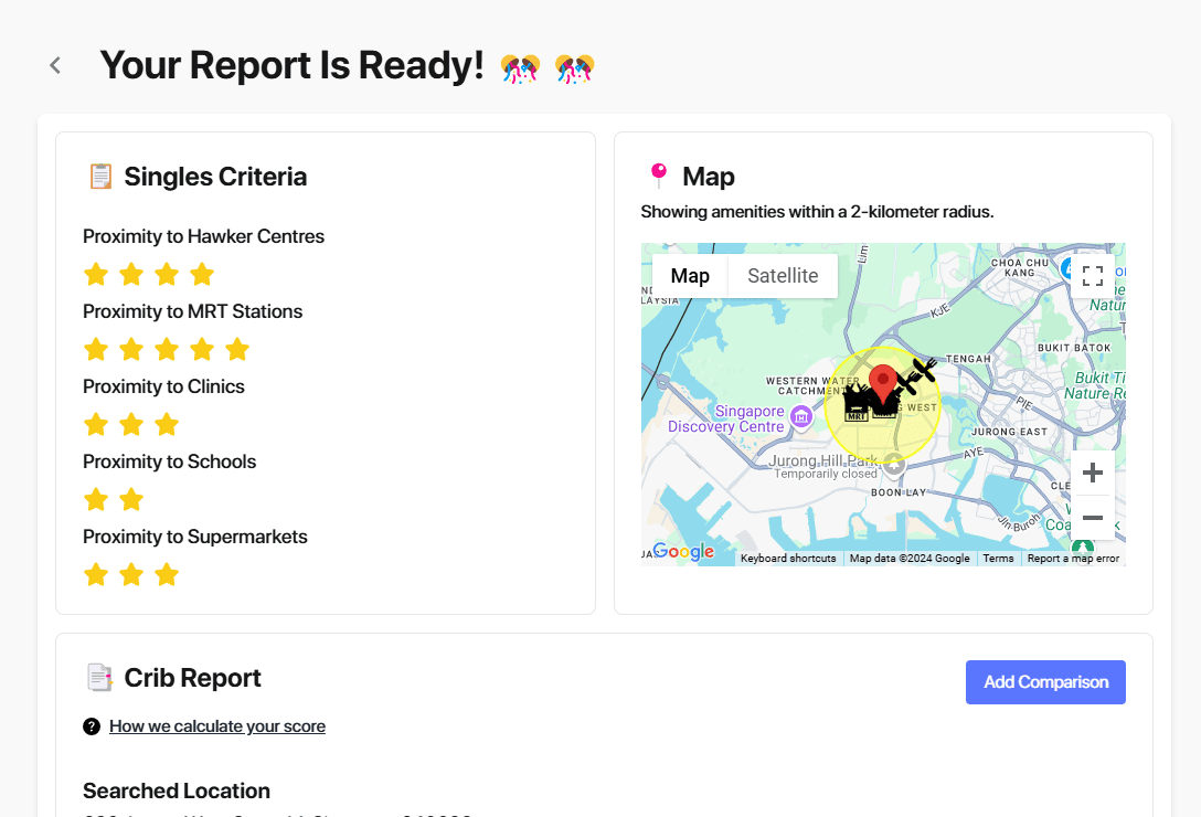 CribCheck report showing a map and proximity scores for nearby amenities