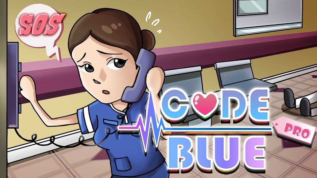 Illustrated nurse beside the Code Blue Pro heartbeat logo in a mobile training game