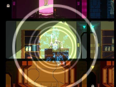 Pixel-art action scene framed by a large circular targeting reticle